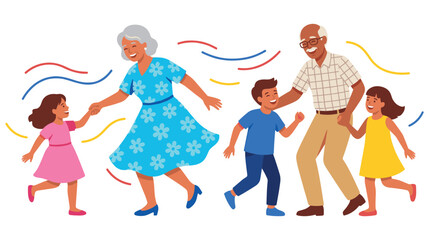 Fototapeta premium Grandparents dancing with grandchildren, happy family generations.