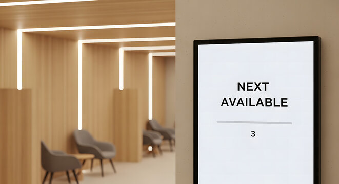 Digital display sign showing next available room in a modern office or clinic lobby