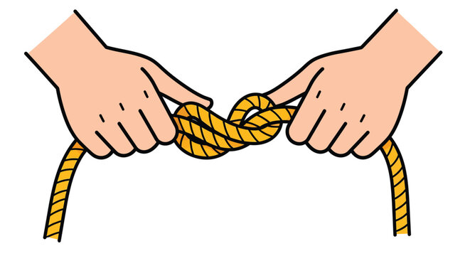 Pair of human hands holding a thick yellow rope while demonstrating how to tie a secure knot to ensure safety during outdoor activities like camping hiking or sailing adventures in the wilderness