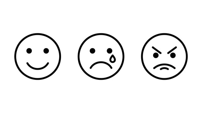 Linear emoticons representing a spectrum of feelings happy, sad, and angry, perfect for user feedback, experience ratings, and emotional response tracking