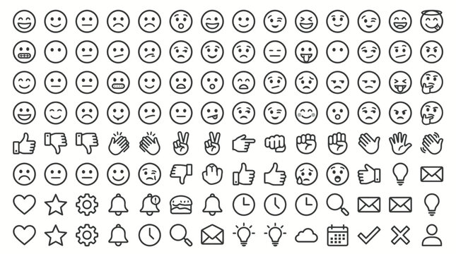 A Comprehensive Collection of Linear Icons Representing Diverse Emotions, Actions, and Symbols for Digital Communication and Design