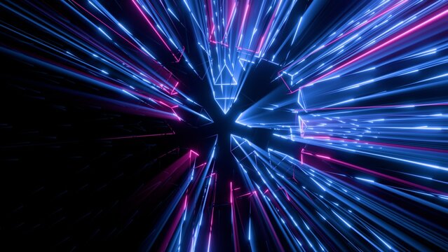 Abstract Neon Light Tunnel Background with Blue and Pink Glowing Data Streams