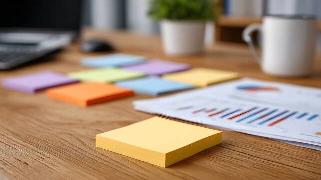 A wooden desk surface is arranged with colorful sticky notes documents and a plant symbolizing creative business planning and success