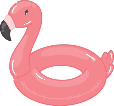 Pink flamingo shaped pool float inflatable swim ring summer beach vacation tropical bird cartoon vector illustration