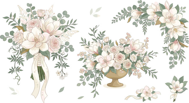 Elegant wedding floral watercolor element set with bridal bouquet arrangement vase and boutonniere isolated on white background for romantic design vector