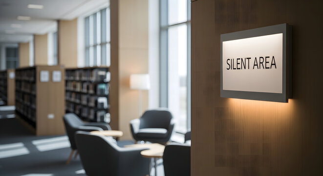 Illuminated silent area sign on a wall inside a modern library or study space
