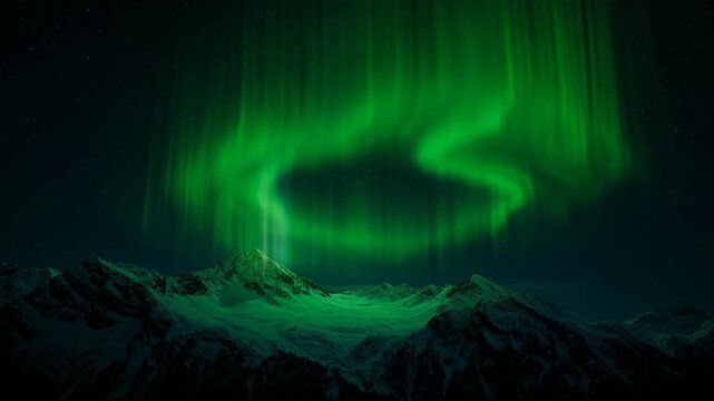 Beautiful green aurora borealis forming a circle and shimmering above a stunning snowy mountain range. An incredible natural light show