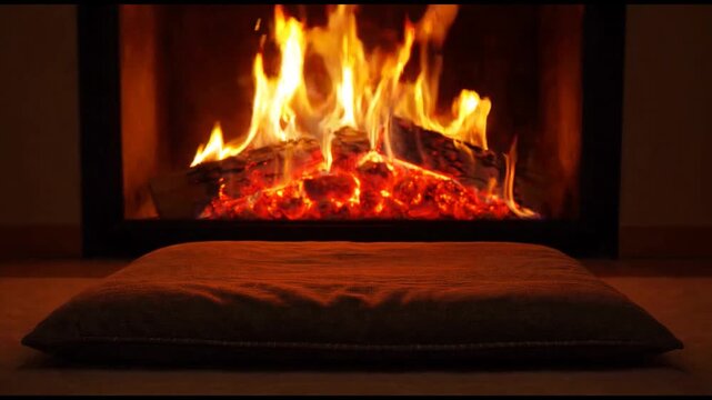 Cozy living room with a warm fireplace burning brightly in the evening, creating a romantic and comforting atmosphere