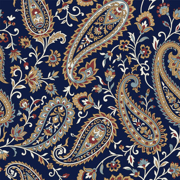 Luxury seamless paisley background with ornamental floral motifs for silk scarf printing.