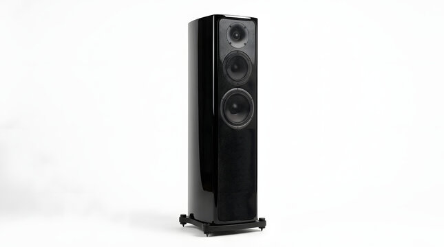 tall, sleek black speaker, home audio system, tower loudspeaker, glossy finish