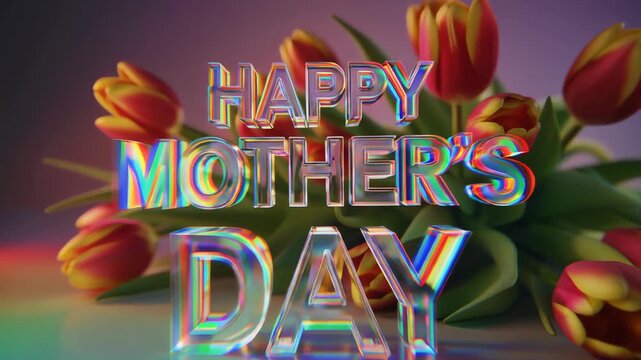 A colorful Mother's Day graphic with Happy text and tulips appears