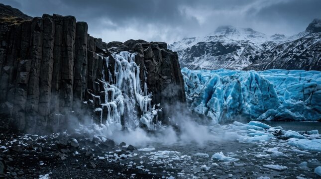 Frozen Waterfall and Glacier Landscape