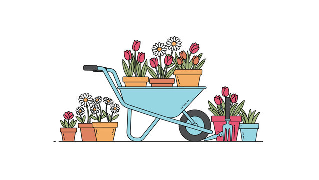 Garden wheelbarrow filled with potted tulips and daisies surrounded by more flowers and a hand rake for spring gardening.