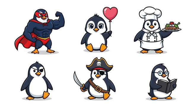 Cute Penguin Characters Set: Superhero, Baker, Pirate, Reader, and Balloon