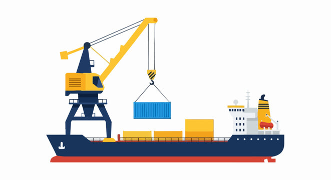 Cargo Container Ship with Harbor Crane Illustration - Global Logistics, International Shipping, and Maritime Trade Flat Vector Isolated on White