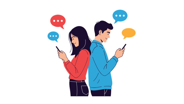Young man and woman standing back to back while focused on their smartphones with colorful chat bubbles signifying modern communication.