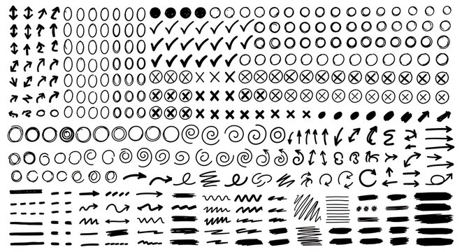 Extensive collection of hand-drawn interface elements including checkmarks circles crosses arrows brush strokes in black ink with collection checkmark interface scribble indicator
