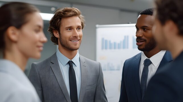 Two professionals collaborate in a modern office environment reviewing business charts and data related to growth and profit margins