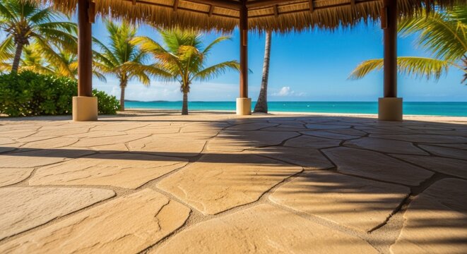 Sandy Textured Stone Patio Under Thatch Roof with Palm Trees and Tropical Ocean View