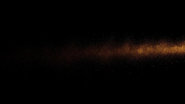 Golden sphere of light moving through space leaving a sparkling tail of stardust on a dark black background animation