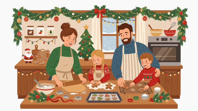 A heartwarming Christmas scene of a family baking gingerbread cookies together in a festive kitchen. The parents and two children are gathered around a wooden table, decorated with holiday ornaments.