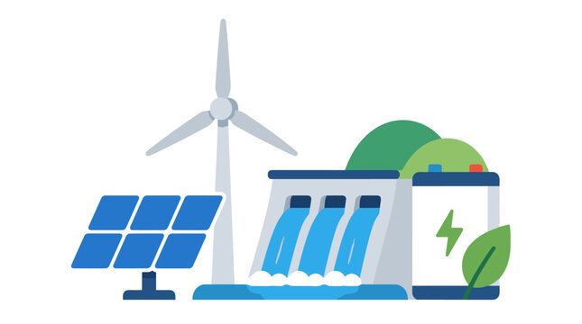 Renewable energy technology wind turbine solar panel charging station illustration.