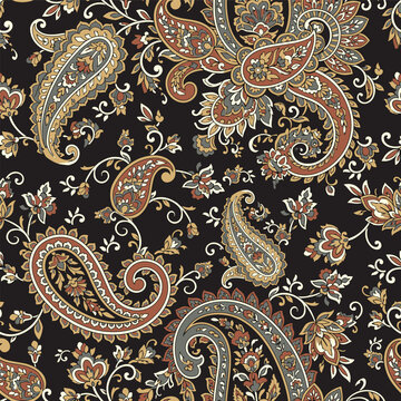 Luxury seamless paisley background with ornamental floral motifs for silk scarf printing.