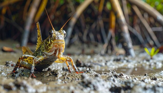 Mudskipper fish resting on muddy mangrove flat with raised dorsal fin and eye stalks