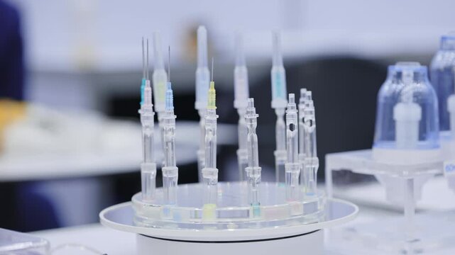 Rotating sterile medical injectors and precision needle system during pharmaceutical technology demonstration in modern clinical laboratory. Medical automation concept.