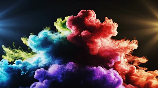 Vibrant, swirling clouds of rainbow-hued smoke dynamically bloom and erupt against a dark, illuminated expanse, creating a mesmerizing display of energetic color and movement with dramatic
