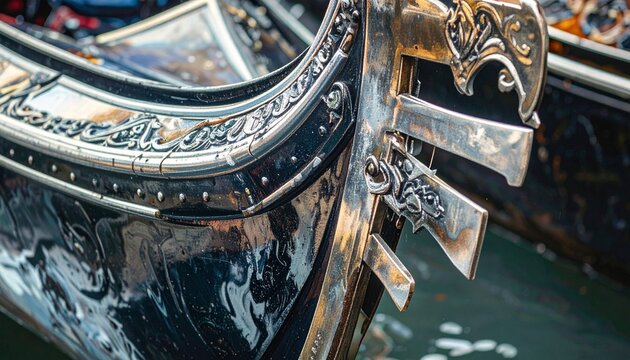 Venetian gondola ferro prow steel ornament detail close-up in water canal setting