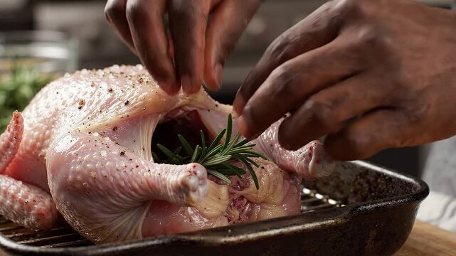 Chef preparing a whole raw chicken for roasting by stuffing it with fresh rosemary sprigs