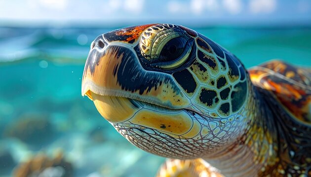 Loggerhead sea turtle close-up portrait showing detailed scute pattern and eye in clear ocean water