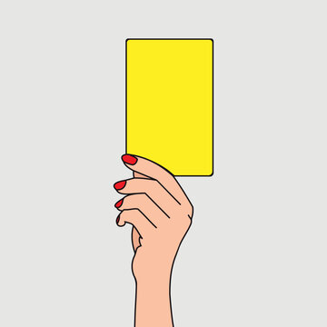 A simple flat vector illustration of a female hand with red nail polish holding a large solid yellow card against a grey background, representing a penalty, foul, or female referee warning in sports.
