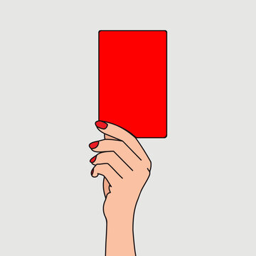 A simple flat vector illustration of a female hand with red nail polish holding a large solid red card against a grey background, representing a penalty, foul, or female referee warning in sports.
