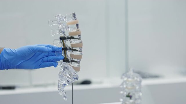 Medical specialist presenting next generation spinal fixation system with transparent vertebra model in modern clinical laboratory. Advanced healthcare engineering concept.