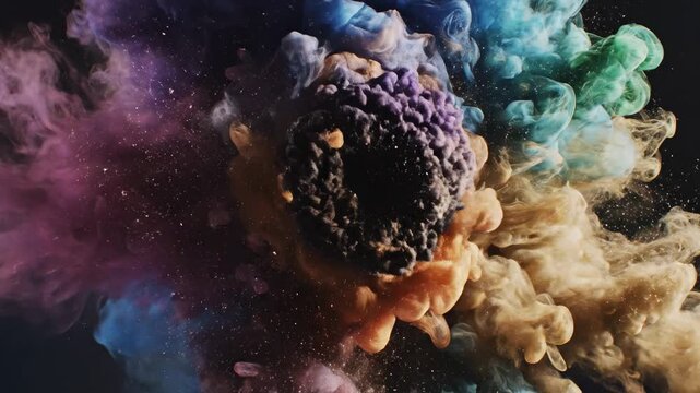 A dynamic, vibrant explosion of colorful dust particles erupts outwards, creating captivating, abstract patterns and forming an energetic celestial phenomenon against a dark, immersive