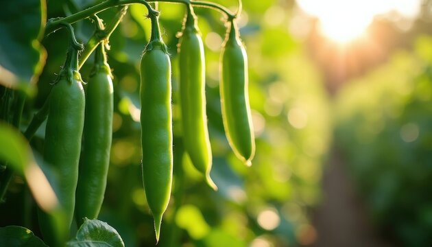 Close-up of young green chili pepper pods hanging from plant stems. Sunlight shines on peppers in garden. Healthy plant grows with lush foliage, showing early harvest potential.