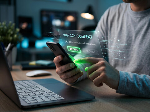 Man using smartphone to accept privacy consent on virtual screen, personal data protection and general data protection regulation concept.