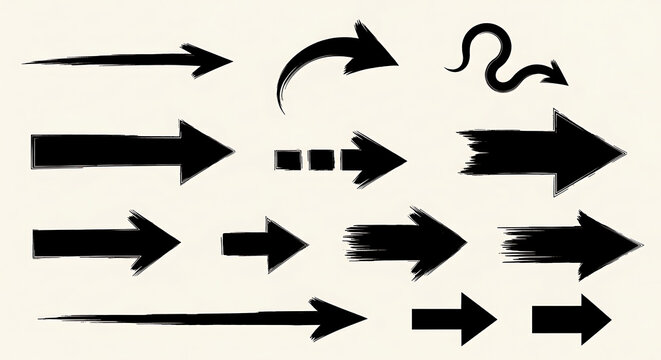 Collection of hand drawn black brush stroke arrows set of directional pointers and ink markers with rough edges for creative graphic design layouts direction collection indicator textured