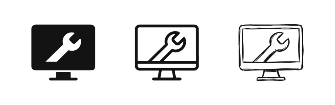 Computer Repair Icons with Wrench Tool on Monitor Screen for Tech Support