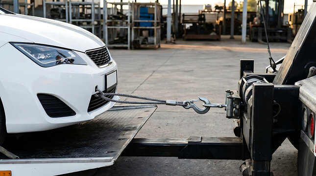 Car Towing Service A White Vehicle Being Loaded Onto a Tow Truck for Transport