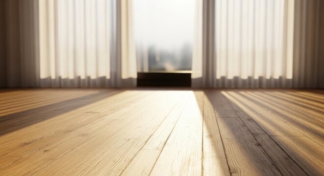 Sun bleached wooden floorboards with subtle grain near a window and curtains
