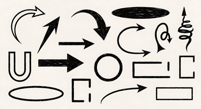 Collection of hand drawn black ink arrows and geometric borders including circles and rectangles for annotations with rectangle direction highlight annotation collection indicator isolated