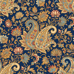 Luxury seamless paisley background with ornamental floral motifs for silk scarf printing. © HARI OM