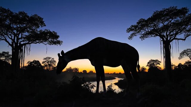 Okapi Silhouette Against African Dusk Sky
