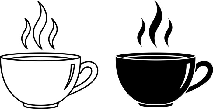 Coffee cup icon set, tea mug silhouette line art, hot drink beverage steam vector illustration, breakfast cafe logo black white, drink
