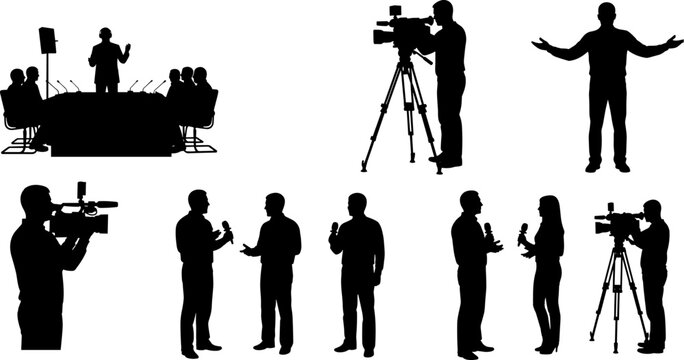Silhouettes of journalists, camera operators, reporters, news presenters, press conferences, media crew, video filming, broadcasting, television studio, interviewing people, icons.
