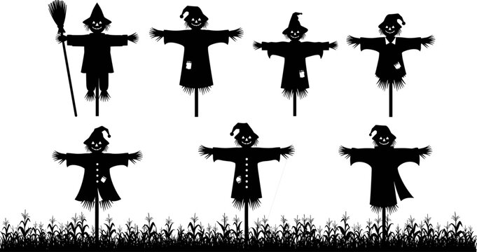 Set of diverse scarecrow silhouettes in cornfield, autumn harvest background, spooky Halloween elements, traditional farming symbols, agricultural garden protection icons.
