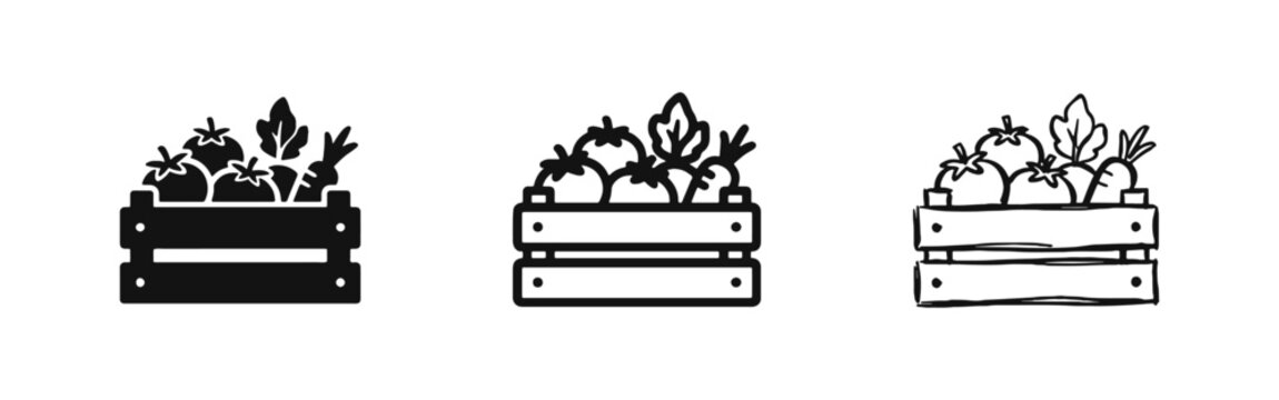 Fresh Vegetables in Wooden Crate Garden Harvest Icons Set